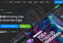 Betheme web sitesi ana sayfasının ekran görüntüsü, karanlık ve teknolojik bir arayüze sahip. Ekranın solunda 'Build stunning sites & stores like a pro' başlığı ve '700+ Hazır Web Sitesini İncele' ve 'Şimdi satın al 60$' butonları yer alıyor. Sağ tarafta, bir web sitesi düzenleme aracının kullanıcı arayüzü, 'Navigator' ve 'Heading' gibi elemanlar gösteriliyor. Arka planda neon mavi ve mor tonlarda yansıyan fütüristik gözlüklü bir kadının görseli dikkat çekiyor, '700+ Hazır Web Sitesi' metni kadının yüzüne yansıyor. Altta ise '330.000+ içerik oluşturucu tarafından güveniliyor' yazısı bulunuyor. Ekranın genelinde karanlık bir tema hakim olup, parlak mavi ve yeşil vurgular modern ve profesyonel bir atmosfer yaratıyor.