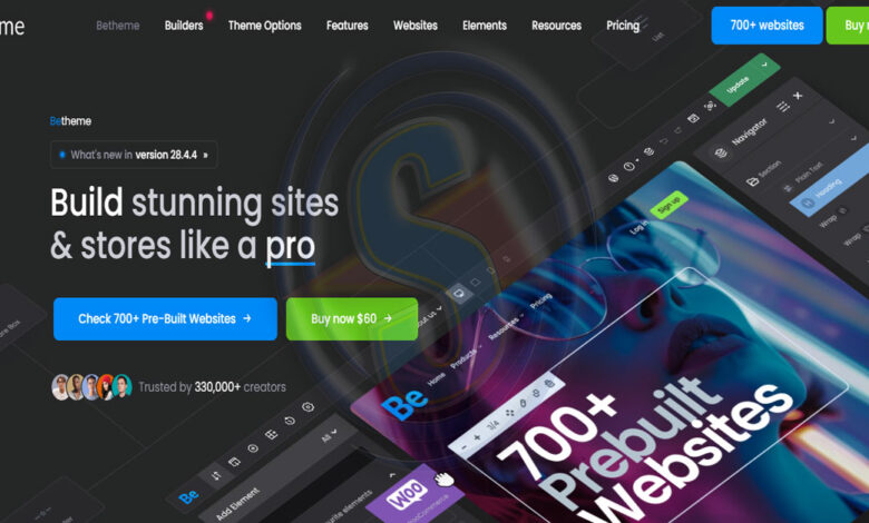 Betheme web sitesi ana sayfasının ekran görüntüsü, karanlık ve teknolojik bir arayüze sahip. Ekranın solunda 'Build stunning sites & stores like a pro' başlığı ve '700+ Hazır Web Sitesini İncele' ve 'Şimdi satın al 60$' butonları yer alıyor. Sağ tarafta, bir web sitesi düzenleme aracının kullanıcı arayüzü, 'Navigator' ve 'Heading' gibi elemanlar gösteriliyor. Arka planda neon mavi ve mor tonlarda yansıyan fütüristik gözlüklü bir kadının görseli dikkat çekiyor, '700+ Hazır Web Sitesi' metni kadının yüzüne yansıyor. Altta ise '330.000+ içerik oluşturucu tarafından güveniliyor' yazısı bulunuyor. Ekranın genelinde karanlık bir tema hakim olup, parlak mavi ve yeşil vurgular modern ve profesyonel bir atmosfer yaratıyor.