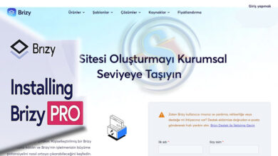 Brizy web sitesinin ana sayfasını gösteren bir ekran görüntüsü. Sayfada 'Brizy PRO' kurulumu hakkında bilgi, 'Sitesı Oluşturmayı Kurumsal Seviyeye Taşıyın' ana başlığı ve bir kayıt formu yer alıyor. Solda 'Installing Brizy PRO' yazısı ve altında sunucu benzeri bir ikon var. Sağda ise 'İlk adı' ve 'Soy isim' alanlarına sahip bir form ile Brizy destek uyarısı bulunuyor. Arka planda mavimsi tonlarda soyut bir tasarım ve ortada büyük, parlak bir S harfi veya dolar işareti figürü dikkat çekiyor. Genel atmosfer profesyonel ve bilgilendirici.