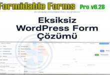 Formidable Forms Pro v6.28 sürümünü tanıtan, beyaz arka plana sahip bir görsel. Üst kısımda, yeşil ve sarı renklerde 'Formidable Forms Pro v6.28' başlığı ve altında 'EN GELİŞMİŞ WORDPRESS FORM OLUŞTURUCU' sloganı yer alıyor. Görselin ortasında büyük harflerle 'Eksiksiz WordPress Form Çözümü' yazısı dikkat çekiyor. Bu metnin altında, Formidable Forms'un sürükle-bırak form oluşturma arayüzünü gösteren iki adet ekran görüntüsü üst üste bindirilmiş durumda. Ana arayüz ekranında 'Metin', 'Onay Kutuları', 'Açılır Menü', 'E-posta', 'Sayı', 'Telefon' gibi alanlar ve 'Emlak', 'Ödemeler' gibi şablon seçenekleri görünürken, öndeki küçük ekran görüntüsünde 'Boş Form', 'Anketler', 'İletişim' ve 'Uygulamalar' gibi yeni form oluşturma seçenekleri listeleniyor. Görselin genel tonu profesyonel ve bilgilendiricidir.