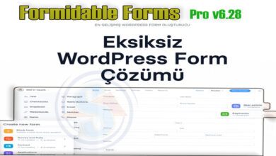 Formidable Forms Pro v6.28 sürümünü tanıtan, beyaz arka plana sahip bir görsel. Üst kısımda, yeşil ve sarı renklerde 'Formidable Forms Pro v6.28' başlığı ve altında 'EN GELİŞMİŞ WORDPRESS FORM OLUŞTURUCU' sloganı yer alıyor. Görselin ortasında büyük harflerle 'Eksiksiz WordPress Form Çözümü' yazısı dikkat çekiyor. Bu metnin altında, Formidable Forms'un sürükle-bırak form oluşturma arayüzünü gösteren iki adet ekran görüntüsü üst üste bindirilmiş durumda. Ana arayüz ekranında 'Metin', 'Onay Kutuları', 'Açılır Menü', 'E-posta', 'Sayı', 'Telefon' gibi alanlar ve 'Emlak', 'Ödemeler' gibi şablon seçenekleri görünürken, öndeki küçük ekran görüntüsünde 'Boş Form', 'Anketler', 'İletişim' ve 'Uygulamalar' gibi yeni form oluşturma seçenekleri listeleniyor. Görselin genel tonu profesyonel ve bilgilendiricidir.