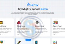 Açık mavi ızgara desenli bir arka plan üzerinde, 'Mighty Okul Yönetim Sistemi'nin demo arayüzünü gösteren bir web sitesi ekran görüntüsü. Üst kısımda, mavi renkli 'Mighty' logosu ve 'Try Mighty School Demo' başlığı yer alıyor. Altında ise, bulut tabanlı okul ERP çözümünün öğrenci, öğretmen, sınıf, devam, sınav, ücret, bordro, çevrimiçi öğrenim ve çok şubeli operasyonları gerçek zamanlı analizlerle yönettiği açıklanıyor. Ekranın alt yarısında, dörtlü bir düzende düzenlenmiş beyaz kartlar bulunuyor. Bu kartlar, 'SaaS Paneli' (taç simgesi), 'Yönetici Paneli' (okul binası simgesi), 'Öğrenci Paneli' (mezuniyet şapkası simgesi) ve 'Veli Paneli' (aile simgesi) gibi farklı kullanıcı rollerini ve özelliklerini temsil ediyor. Her kartta, ilgili panelin ana işlevleri kısa metinlerle açıklanıyor ve bir 'Giriş →' bağlantısı bulunuyor. Arka planda, kartların üzerinde yarı saydam, sarı ve mavi tonlarda, soyut bir 'S' harfi logosu dikkat çekiyor. Genel olarak temiz, profesyonel ve bilgilendirici bir tasarım.