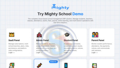 Açık mavi ızgara desenli bir arka plan üzerinde, 'Mighty Okul Yönetim Sistemi'nin demo arayüzünü gösteren bir web sitesi ekran görüntüsü. Üst kısımda, mavi renkli 'Mighty' logosu ve 'Try Mighty School Demo' başlığı yer alıyor. Altında ise, bulut tabanlı okul ERP çözümünün öğrenci, öğretmen, sınıf, devam, sınav, ücret, bordro, çevrimiçi öğrenim ve çok şubeli operasyonları gerçek zamanlı analizlerle yönettiği açıklanıyor. Ekranın alt yarısında, dörtlü bir düzende düzenlenmiş beyaz kartlar bulunuyor. Bu kartlar, 'SaaS Paneli' (taç simgesi), 'Yönetici Paneli' (okul binası simgesi), 'Öğrenci Paneli' (mezuniyet şapkası simgesi) ve 'Veli Paneli' (aile simgesi) gibi farklı kullanıcı rollerini ve özelliklerini temsil ediyor. Her kartta, ilgili panelin ana işlevleri kısa metinlerle açıklanıyor ve bir 'Giriş →' bağlantısı bulunuyor. Arka planda, kartların üzerinde yarı saydam, sarı ve mavi tonlarda, soyut bir 'S' harfi logosu dikkat çekiyor. Genel olarak temiz, profesyonel ve bilgilendirici bir tasarım.