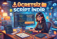 Ücretsiz Script İndir - Bilgisayar ve kodlama araçlarıyla çalışan kişi, ücretsiz script indirme ve web tasarım kodları sunan renkli ve teknolojik ortamda.