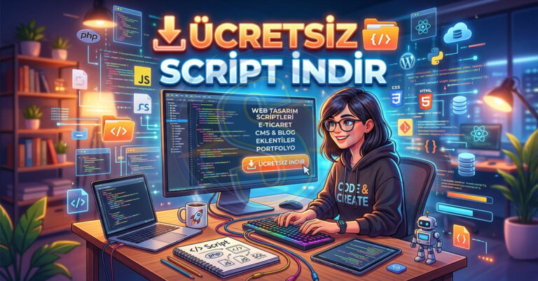 Ücretsiz Script İndir - Bilgisayar ve kodlama araçlarıyla çalışan kişi, ücretsiz script indirme ve web tasarım kodları sunan renkli ve teknolojik ortamda.