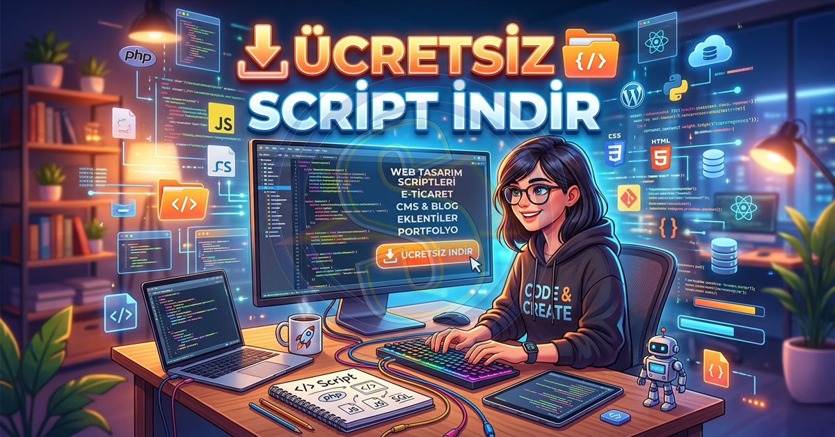 Ücretsiz Script İndir - Bilgisayar ve kodlama araçlarıyla çalışan kişi, ücretsiz script indirme ve web tasarım kodları sunan renkli ve teknolojik ortamda.