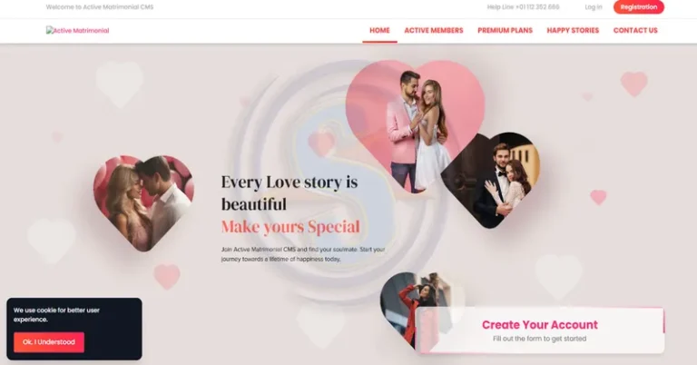 Active Matrimonial CMS web sitesinin ana sayfası, üstte navigasyon menüsü ve 'Kayıt' butonu ile. Ortada büyük, pembe bir kalp figürü içinde romantik poz veren bir çift, sağda takım elbiseli ve beyaz elbiseli başka bir çift ve altta dışarıda poz veren bir kadın görünüyor. Sol altta da birbirine bakan romantik bir çiftin olduğu kalp şeklinde bir resim var. Ana başlık 'Her aşk hikayesi güzeldir' ve altında 'Sizinkini Özel Yapın' yazıyor. Sayfanın ortasında 'Active Matrimonial CMS'e katılın ve ruh eşinizi bulun. Bugün ömür boyu mutluluğa giden yolculuğunuza başlayın.' metni bulunuyor. Sağ altta 'Hesabınızı Oluşturun' başlıklı bir bölüm ve sol altta bir çerez bilgilendirme kutucuğu mevcut. Arka planda uçuşan pembe ve beyaz kalp figürleri temaya romantik bir hava katıyor. Genel tasarım kullanıcı dostu ve sevgi temalı.