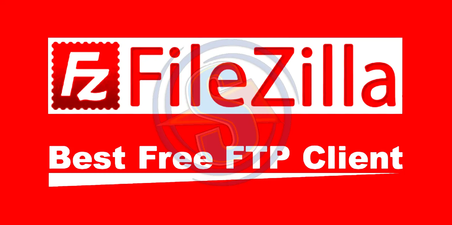 Kırmızı bir arka plan üzerinde, ortalanmış beyaz dikdörtgen bir bant içinde kırmızı renkli 'FileZilla' logosu ve metni yer alıyor. Logonun solunda pul benzeri bir çerçeve içinde stilize edilmiş 'Fz' harfleri bulunuyor. Logonun altında, yine beyaz renkte, eğimli kırmızı bir alt çizgi efektiyle 'Best Free FTP Client' (En İyi Ücretsiz FTP İstemcisi) yazısı okunuyor. Görsel, FileZilla yazılımının tanıtımını yapıyor.