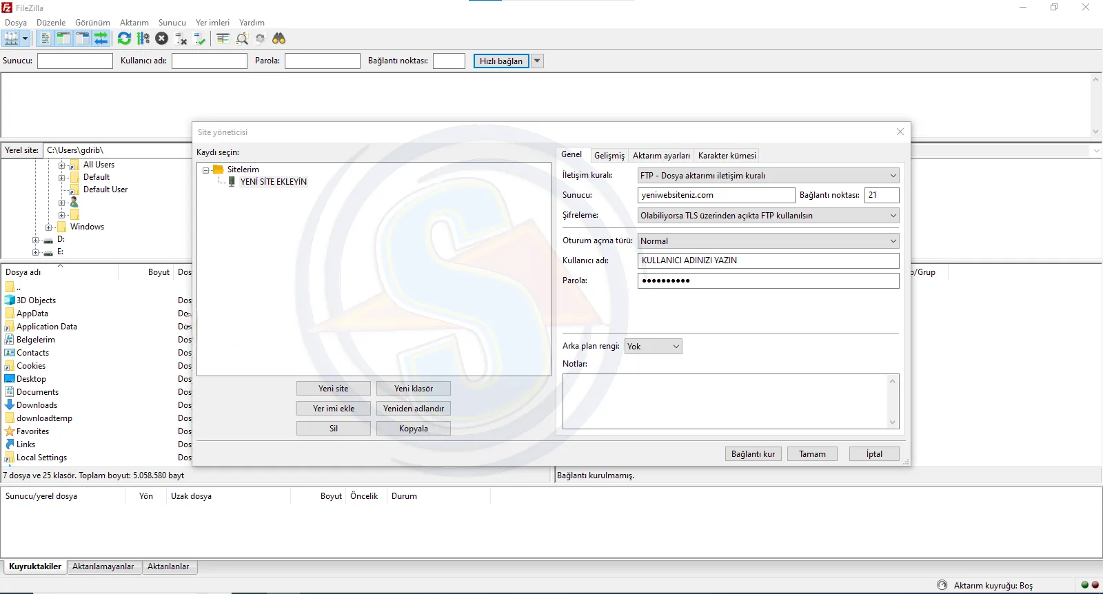 FileZilla FTP istemcisinin Site Yöneticisi penceresini gösteren bir ekran görüntüsü. Pencerede bir FTP sitesine bağlanmak için sunucu adresi (yeniewebsiteniz.com), kullanıcı adı ve parola gibi bilgiler girilmektedir. Sol tarafta yerel disk C: klasör yapısı (Kullanıcılar, Windows, İndirilenler) detaylı bir şekilde görünürken, sağ tarafta uzaktaki sunucuya bağlantı ayarları bulunmaktadır. Genel sekmesi aktiftir ve iletişim kuralı, şifreleme ile oturum açma türü gibi seçenekler seçilmiştir. Görselde ayrıca yeni site ekleme, yer imi oluşturma ve bağlantı kurma gibi site yönetimi seçenekleri sunulmaktadır.