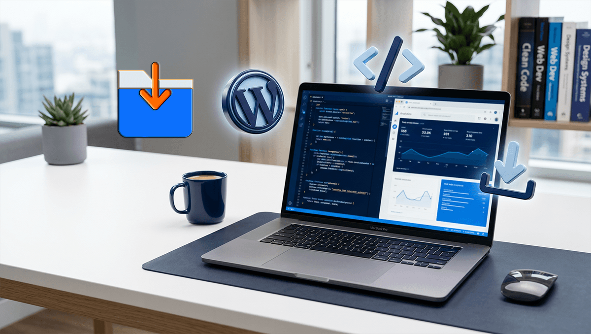 Script ve WordPress kurulum rehberi için açık dizüstü bilgisayar ve teknoloji ikonları.